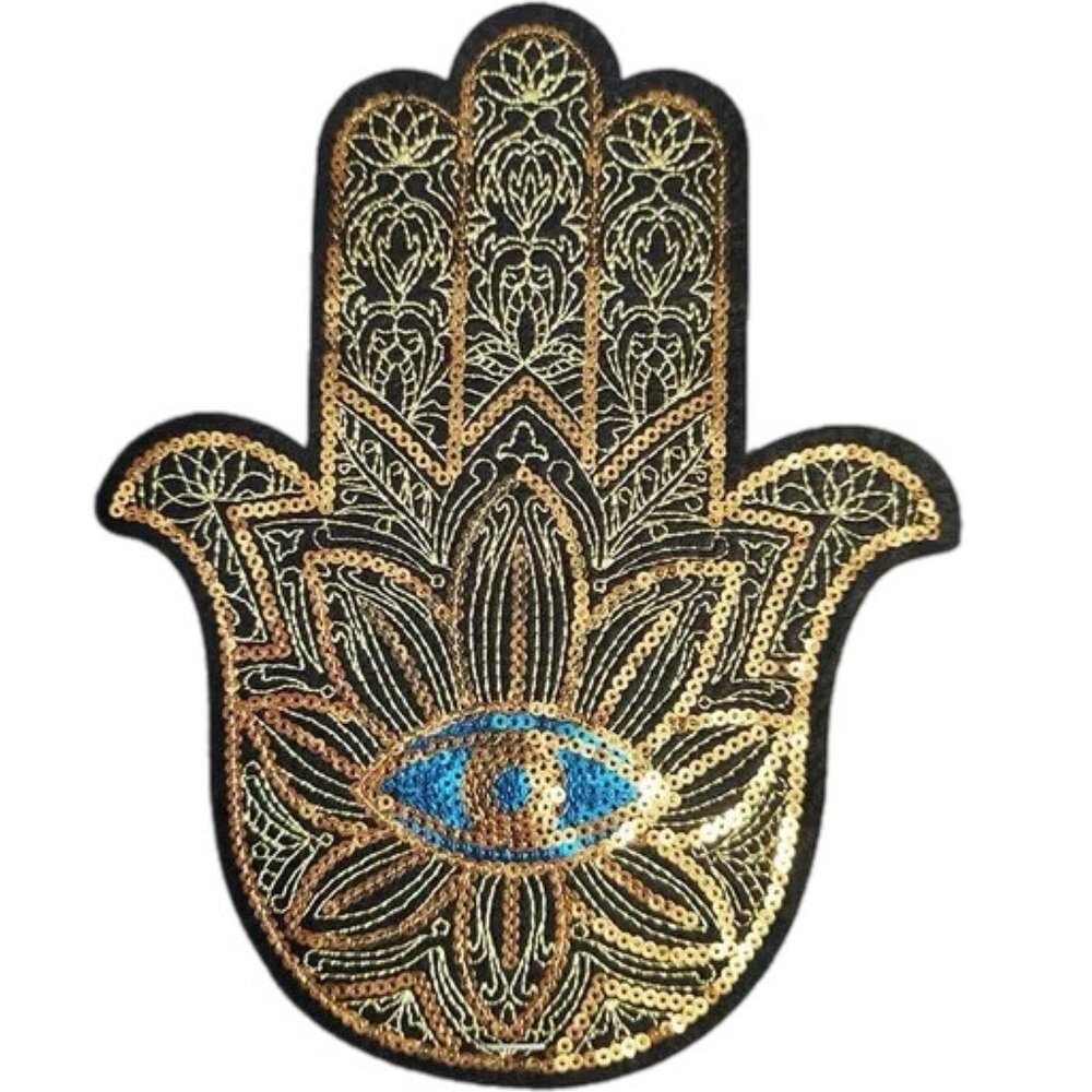 NEW LARGE Gold Embroidered Sequins Hamsa Iron On Patch Blue Evil Eye Boho